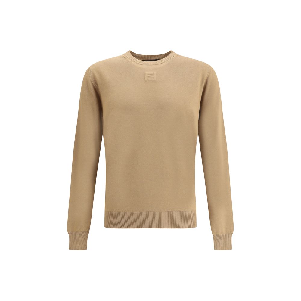 Fendi Beige Fleece Wool Sweatshirt with ribbed crew neck detailing and iconic logo for a classic, refined look. AW25 collection, regular fit.