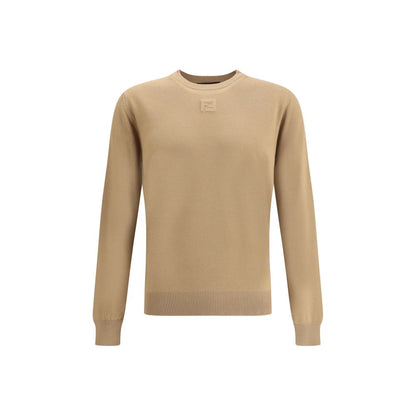 Fendi Beige Fleece Wool Sweatshirt with ribbed crew neck detailing and iconic logo for a classic, refined look. AW25 collection, regular fit.