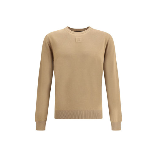 Fendi Beige Fleece Wool Sweatshirt with ribbed crew neck detailing and iconic logo for a classic, refined look. AW25 collection, regular fit.