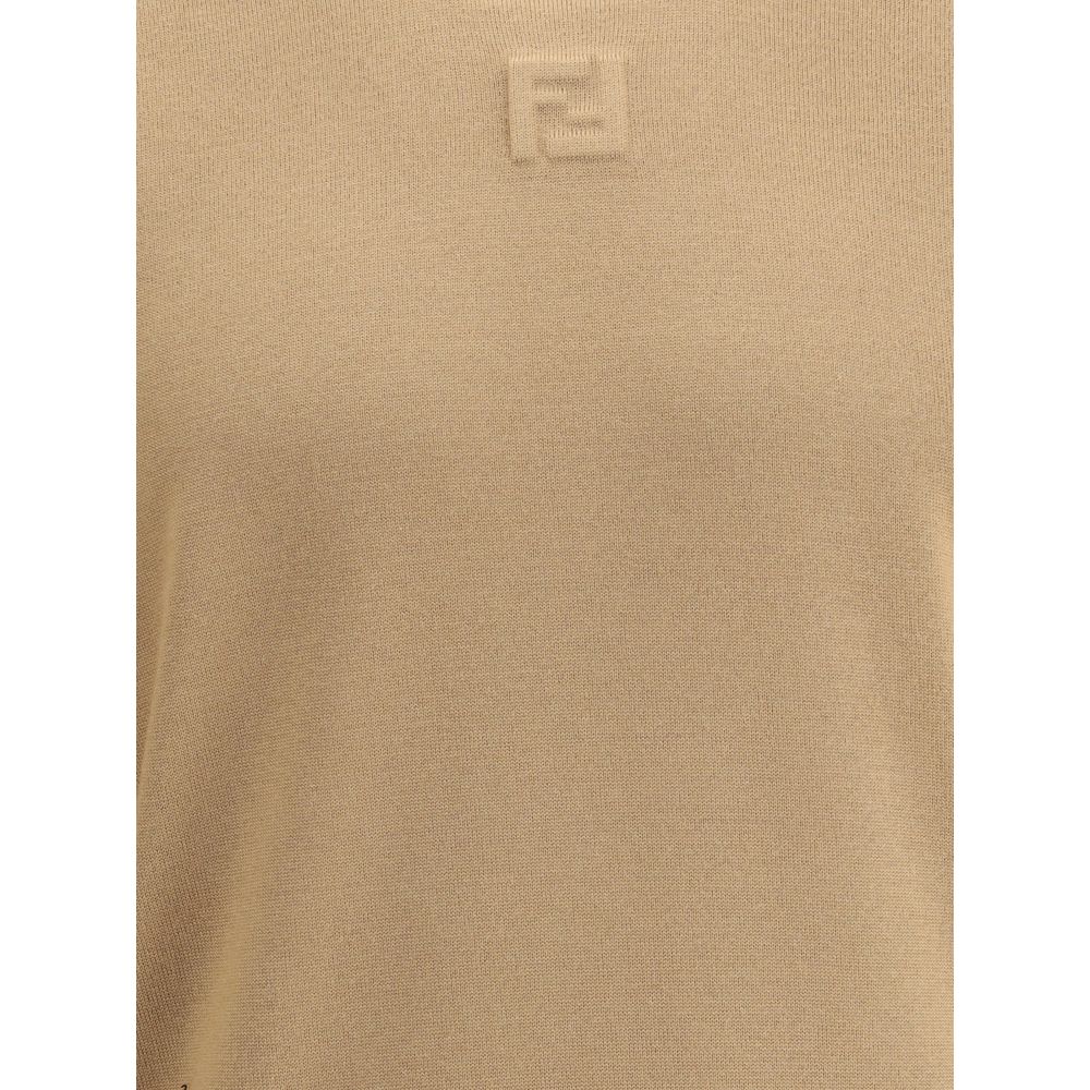 Fendi Beige Fleece Wool Sweatshirt with ribbed crew neck, hem, and cuffs, featuring tone-on-tone stitched logo for a sophisticated look.