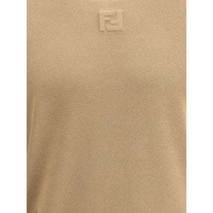 Fendi Beige Fleece Wool Sweatshirt with ribbed crew neck, hem, and cuffs, featuring tone-on-tone stitched logo for a sophisticated look.