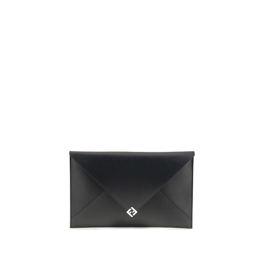 Fendi Black Leather Clutch Bag with squared FF design and practical cuff handle, featuring snap-button closure and card slots.
