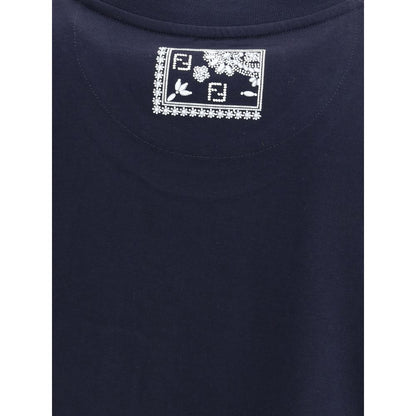Fendi Blue Cotton T-Shirt featuring monogram patch and bandana print on chest, showcasing iconic style and contemporary design.