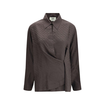 Fendi Brown Silk Dress Shirt with jacquard texture and FF motif, featuring short point collar and wrap-around closure.