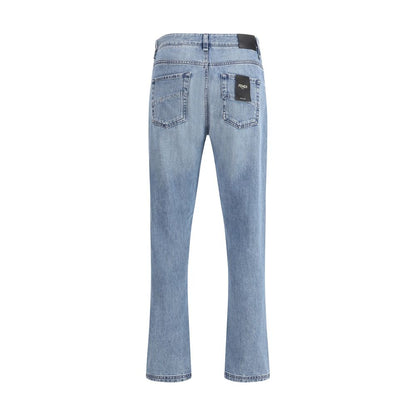 Rear view of Fendi Light Blue Cotton Straight-Leg Jeans showcasing classic 5-pocket design and iconic details. Slim fit, 100% cotton.