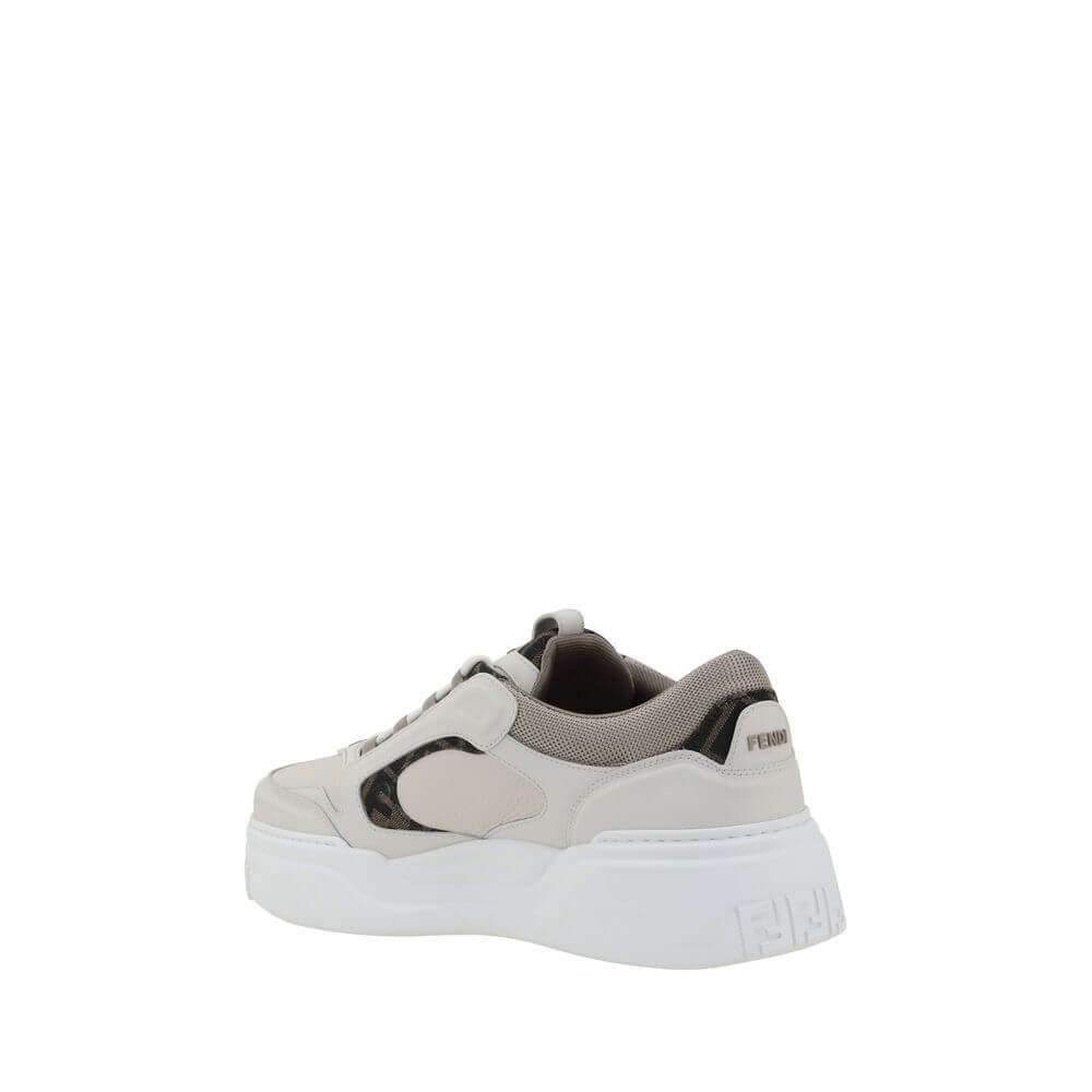 Fendi White Calf Leather Bos Taurus Low Top Sneakers back view showcasing modern paneled design and textured sole.