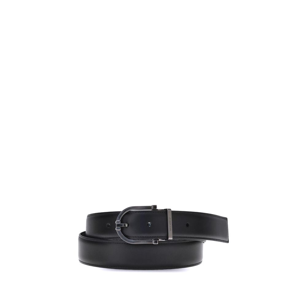 Ferragamo Black Calf Leather Bos Taurus Belt with reversible two-tone design and geometric buckle.