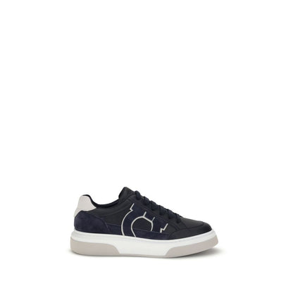 Ferragamo Blue Calf Leather Bos Taurus Low Top Sneakers with Gancini silhouette and rubber sole, retro basketball style.