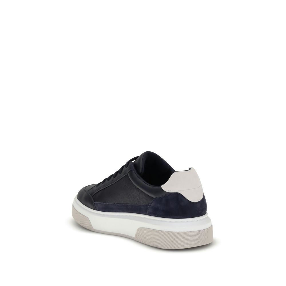 Alt Tag: Rear view of Ferragamo Blue Calf Leather Bos Taurus Low Top Sneakers with white rubber sole, highlighting the sleek design.