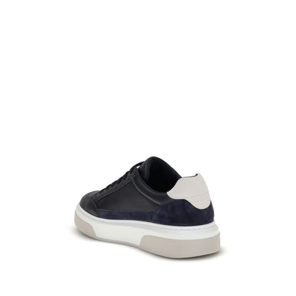 Alt Tag: Rear view of Ferragamo Blue Calf Leather Bos Taurus Low Top Sneakers with white rubber sole, highlighting the sleek design.