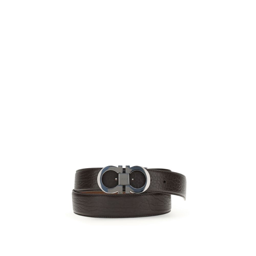 Ferragamo Brown Leather Regular Belt with reversible design and ruthenium-finish buckle, shown against a white background.