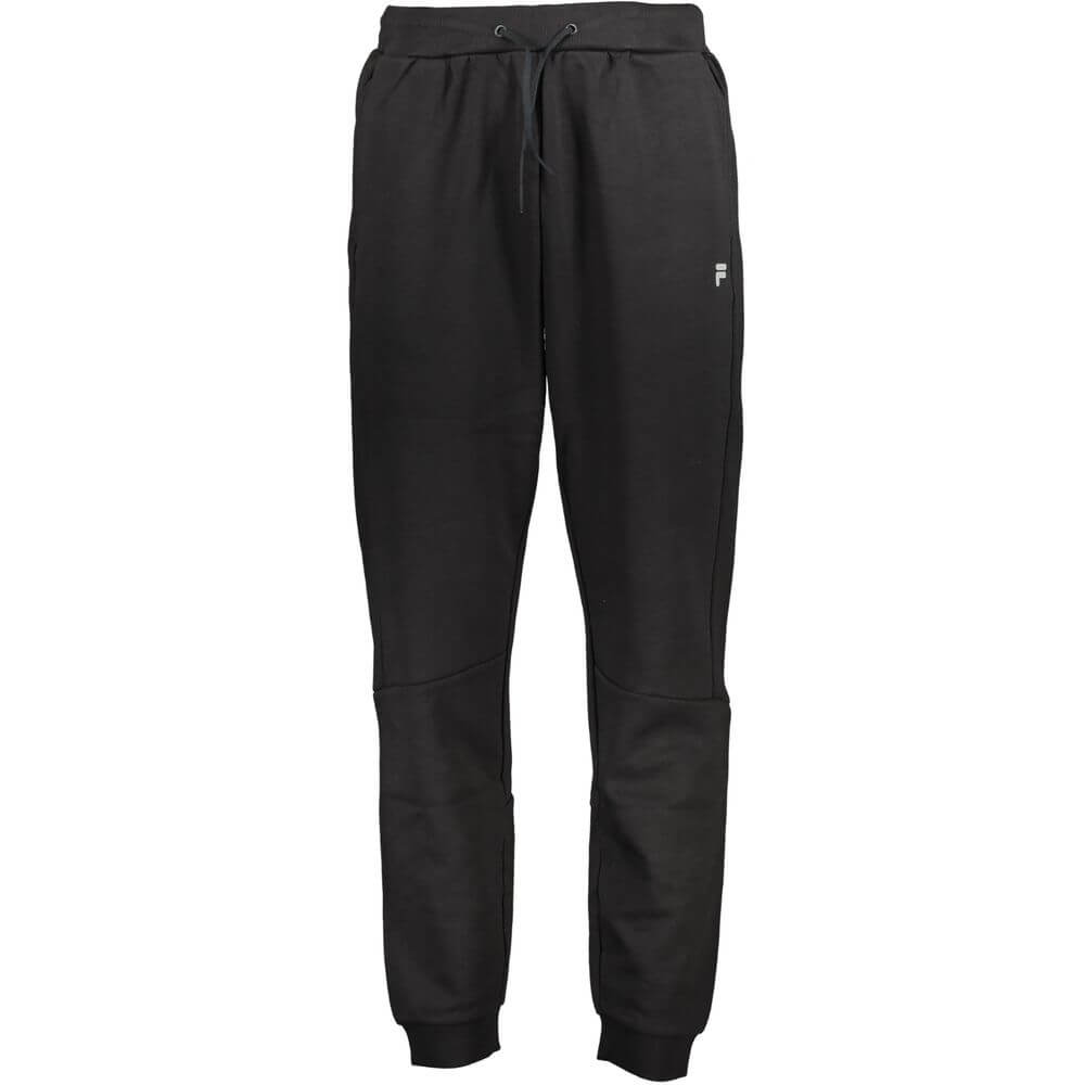 Fila Black Cotton Pant with elastic waist, laces, two pockets, ankle cuffs, and logo print for sports trousers.