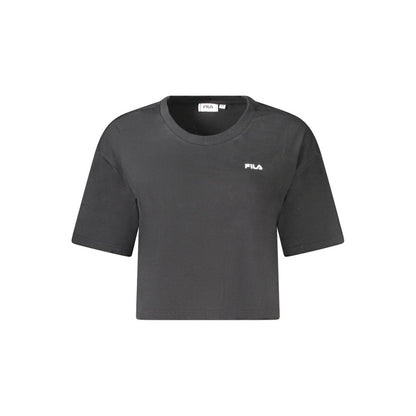 Fila Black Cotton Women's T-Shirt with iconic logo design, loose cropped fit, eco-friendly organic fabric for a trendy fashion statement.