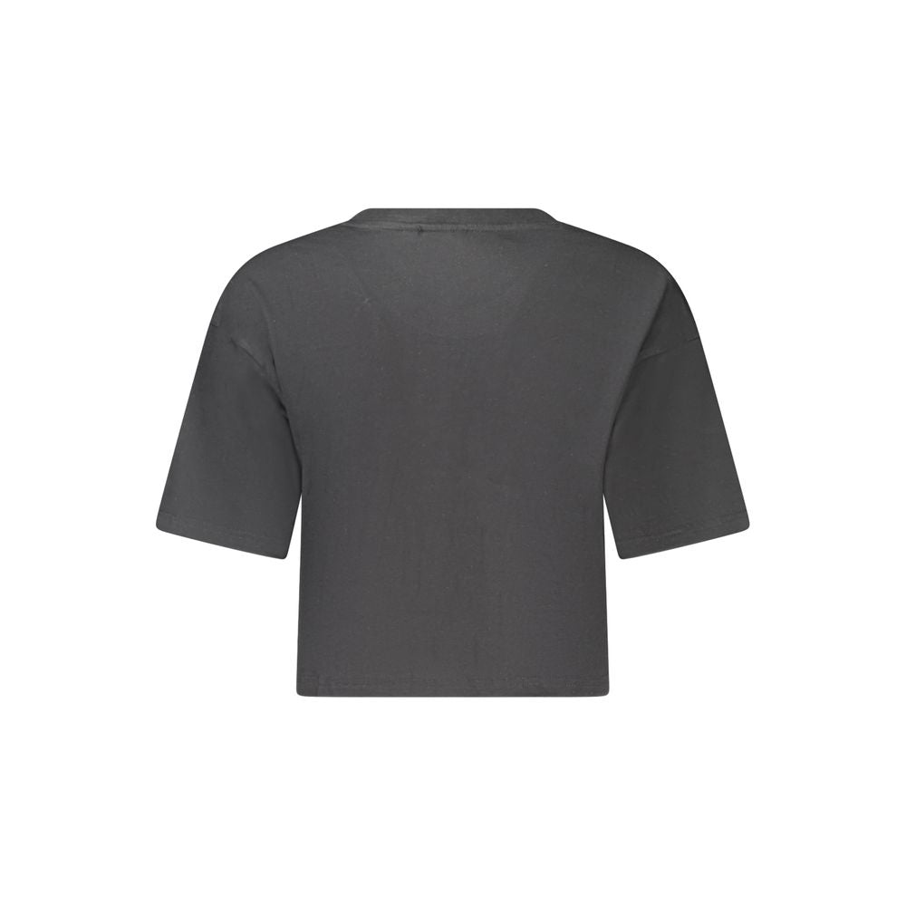 Back view of Fila Black Cotton Women's T-Shirt showcasing loose cropped style and organic fabric in black.