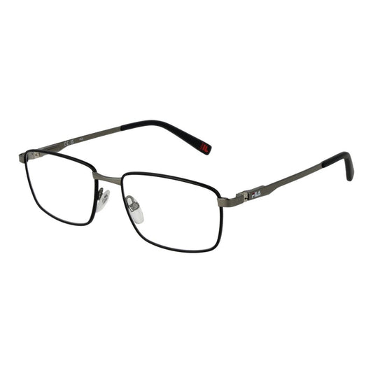 Fila Black Men Glasses Frame full-rim stainless steel rectangular design with demo lenses and spring hinge.