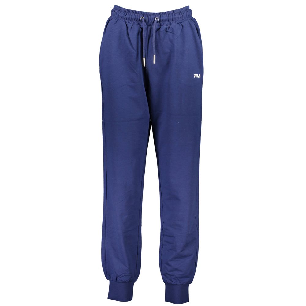 Fila Blue Cotton Pant with elastic waistband, lace ties, 2 pockets, ankle cuffs, print, and logo for sportswear style.