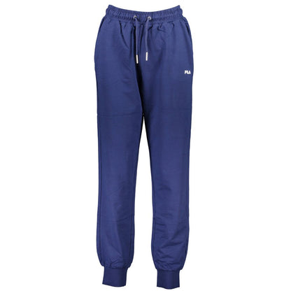 Fila Blue Cotton Pant with elastic waistband, lace ties, 2 pockets, ankle cuffs, print, and logo for sportswear style.