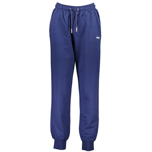 Fila Blue Cotton Pant with elastic waistband, lace ties, 2 pockets, ankle cuffs, print, and logo for sportswear style.
