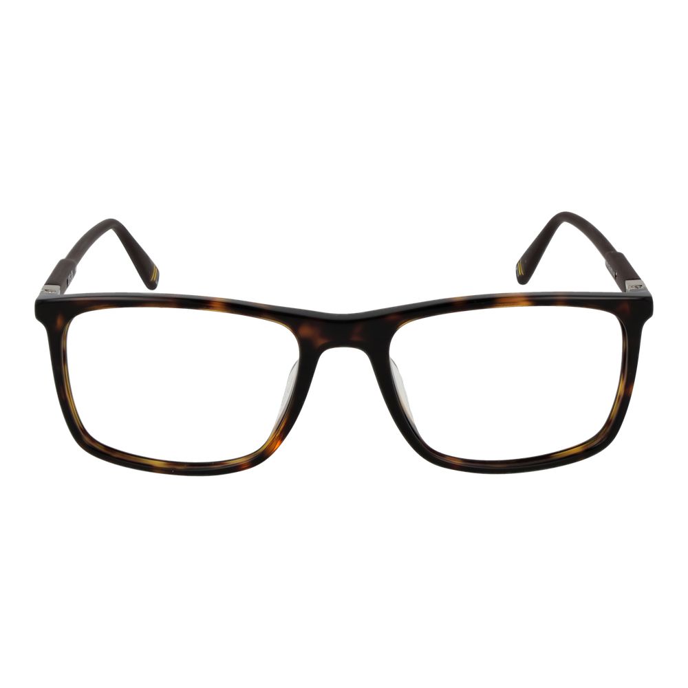 Fila Brown Men Glasses Frame in plastic full-rim style with rectangle shape, size 53-18-145, demo lenses, color brown.