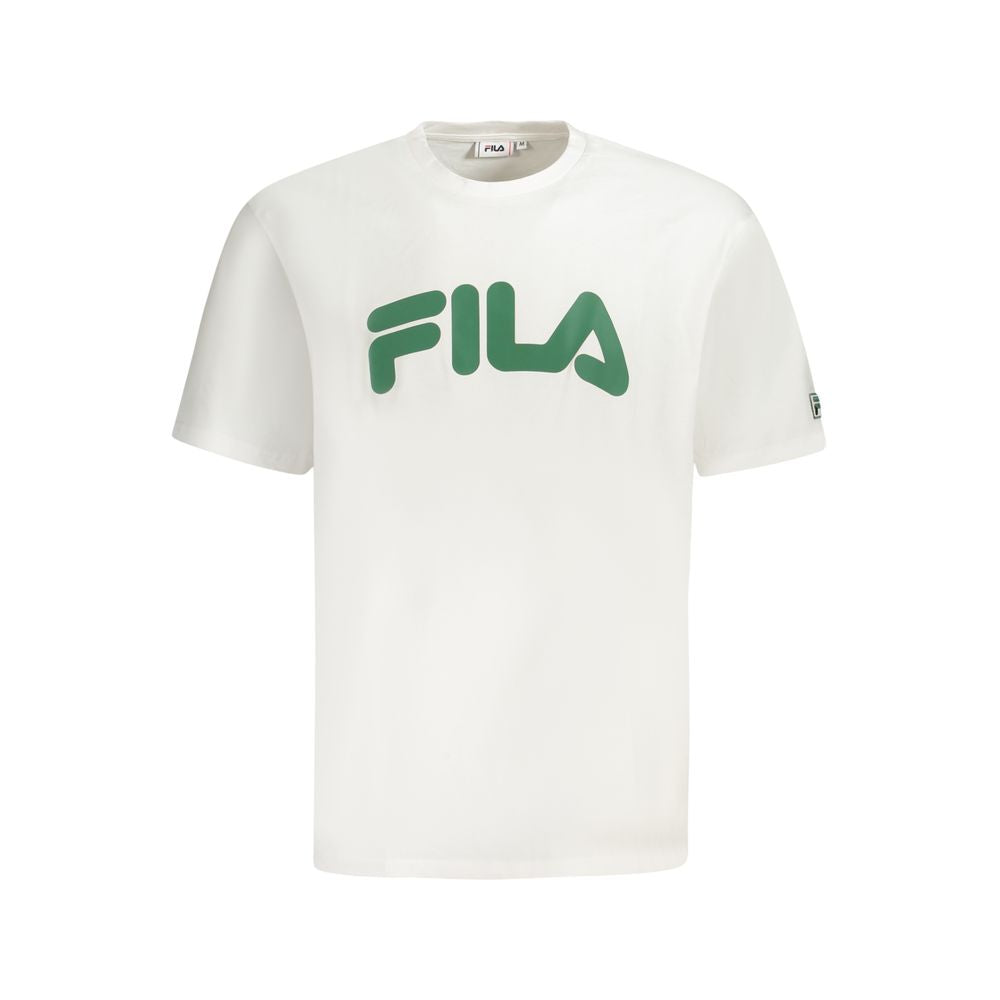 Fila White Cotton Men T-Shirt with green logo, casual loose-fit style, 100% breathable cotton, perfect for modern fashion lovers.