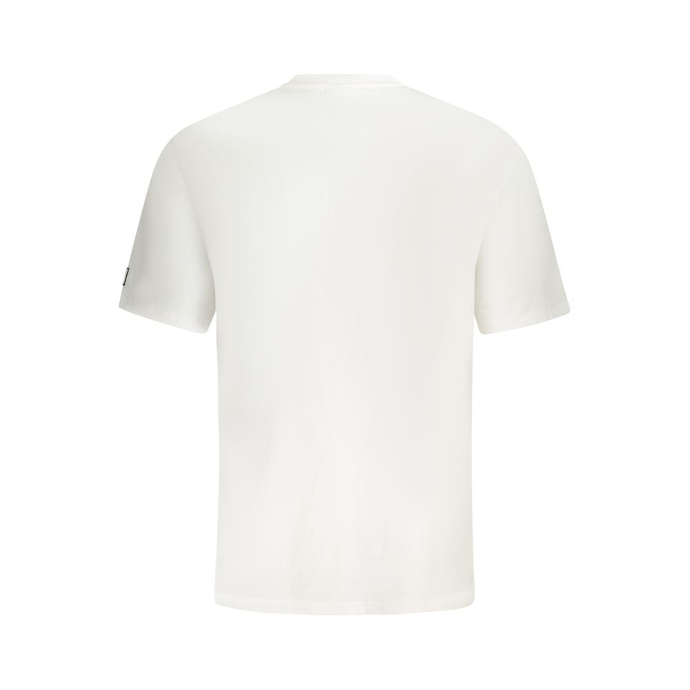Back view of Fila White Cotton Men T-Shirt, showcasing loose-fit style and soft fabric for comfort and casual elegance.
