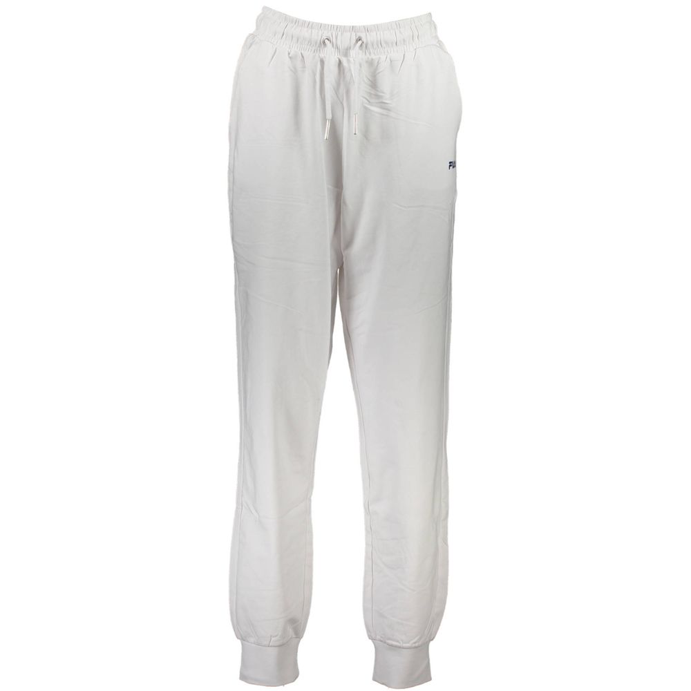 Fila White Cotton Pant with print, elastic waistband, laces, pockets, and ankle cuffs, ideal sports trousers, featuring Fila logo.