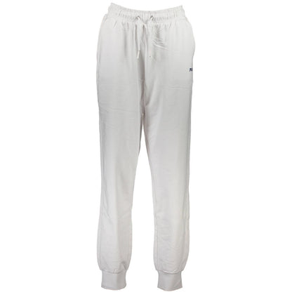 Fila White Cotton Pant with print, elastic waistband, laces, pockets, and ankle cuffs, ideal sports trousers, featuring Fila logo.