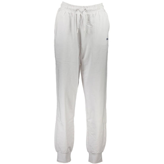 Fila White Cotton Pant with print, elastic waistband, laces, pockets, and ankle cuffs, ideal sports trousers, featuring Fila logo.