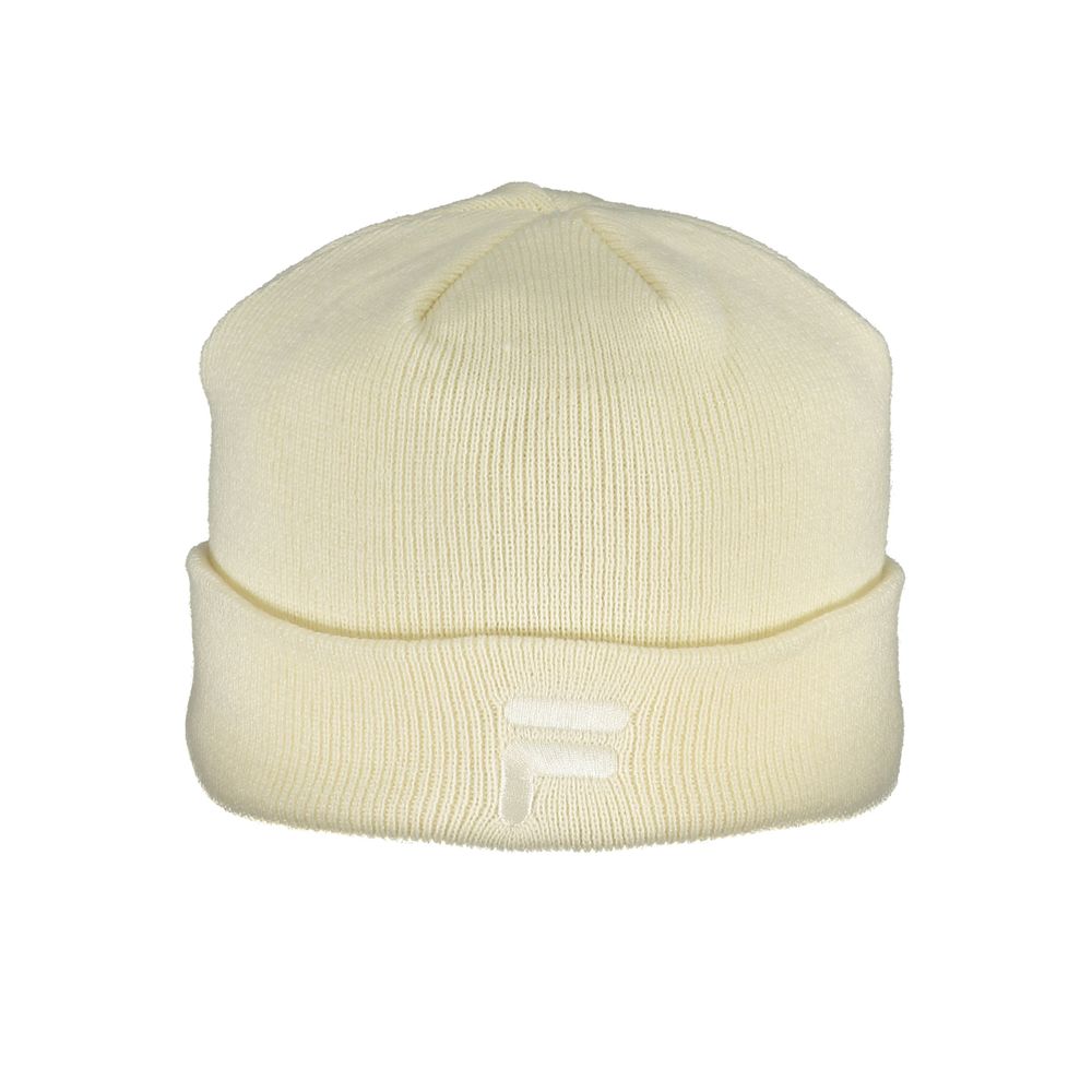 Cream beanie with embroidered logo, similar to Fila White Polyester Hats & Cap, featuring a subtle design.