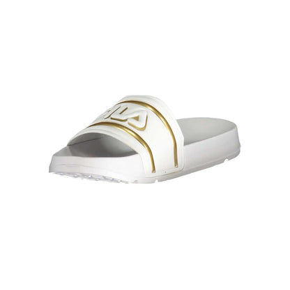 Fila White Polyethylene Sandal featuring gold contrasting details and Morro Bay logo design.