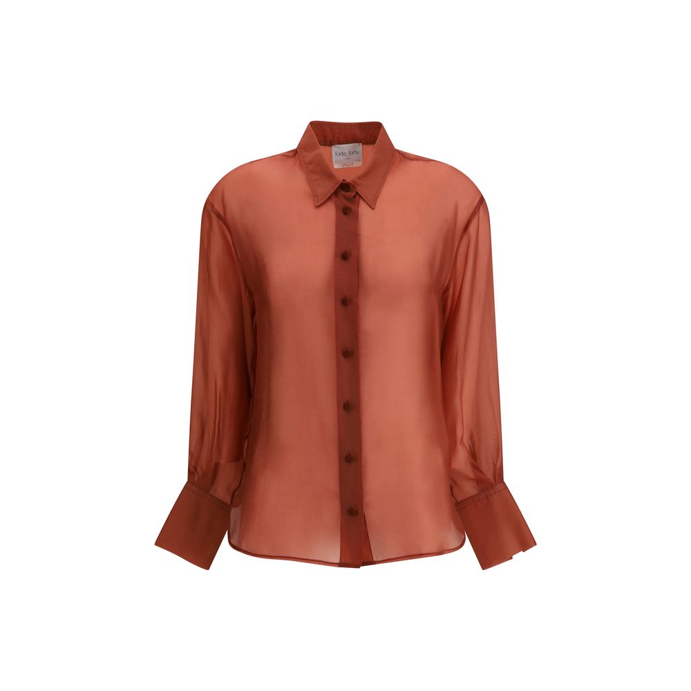 Forte_Forte Orange Copper Dress Shirt made of semi-transparent organza with classic collar and button closure.