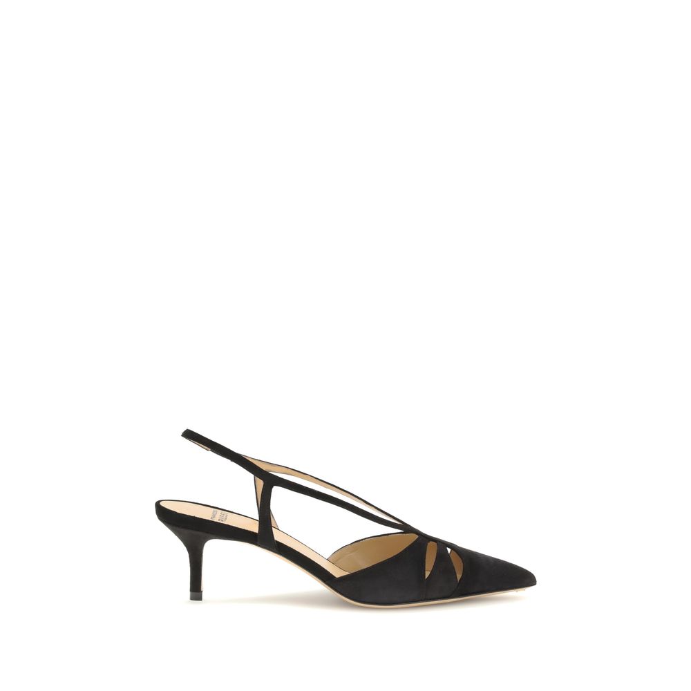 Francesco Russo Black Calf Leather Bos Taurus Mid Heel Pumps with suede slingback design and cut-out details.