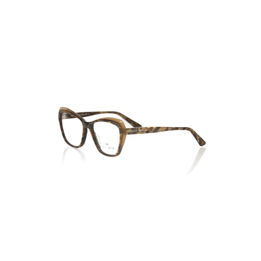 Frankie Morello Beige Acetate Women Frame with cream Havana pattern and glittery arms, Italian-made cat-eye eyeglasses.
