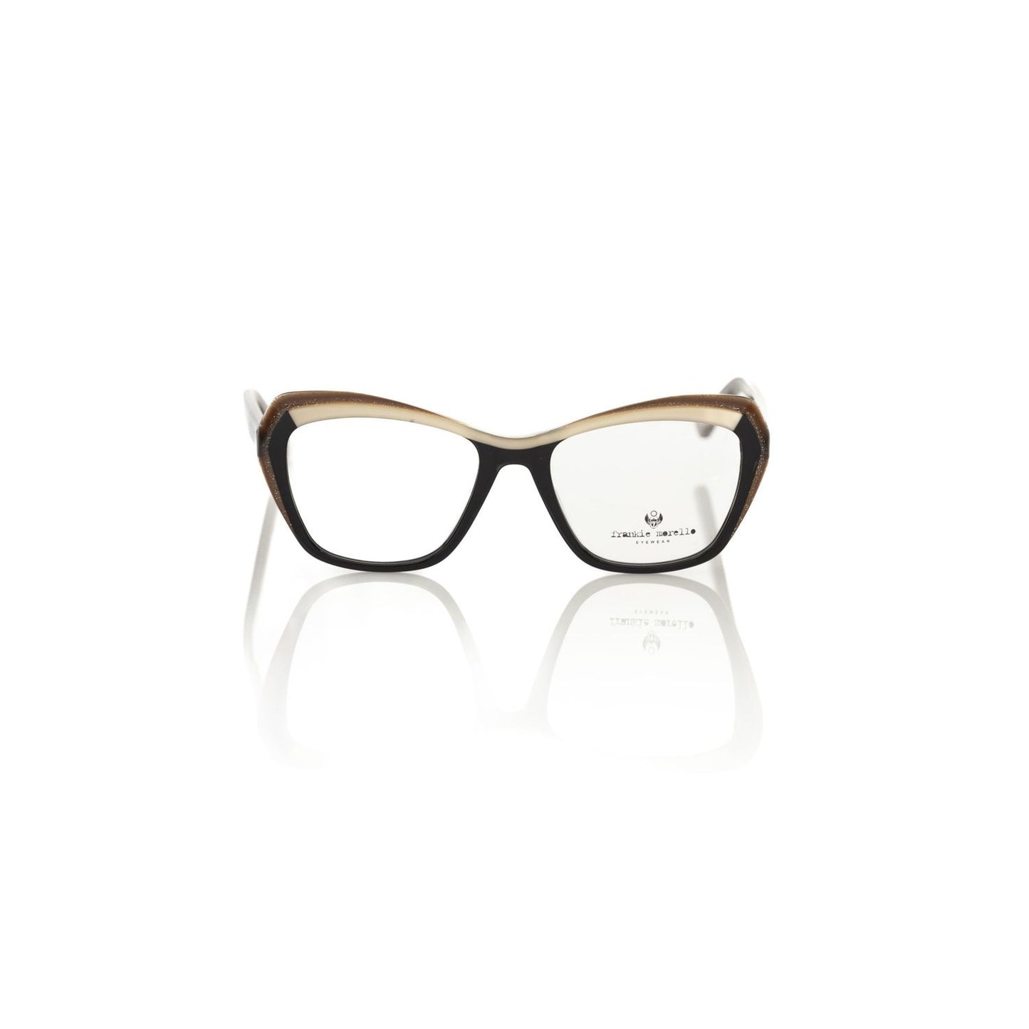 Frankie Morello Black Acetate Women's Eyeglass Frame in cat eye design with black and cream glitter-encrusted temples.