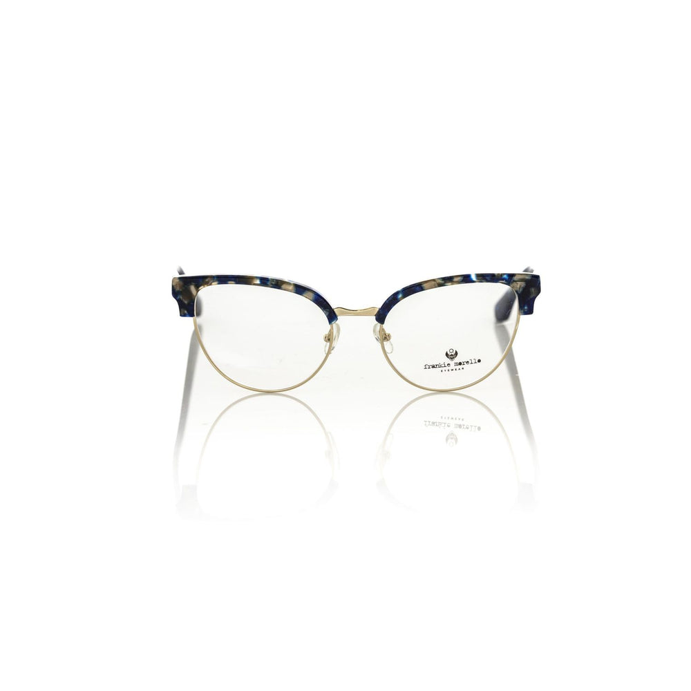 Frankie Morello Blue Metallic Women's Eyeglass Frame with square lenses and blue Havana pattern for a stylish look.