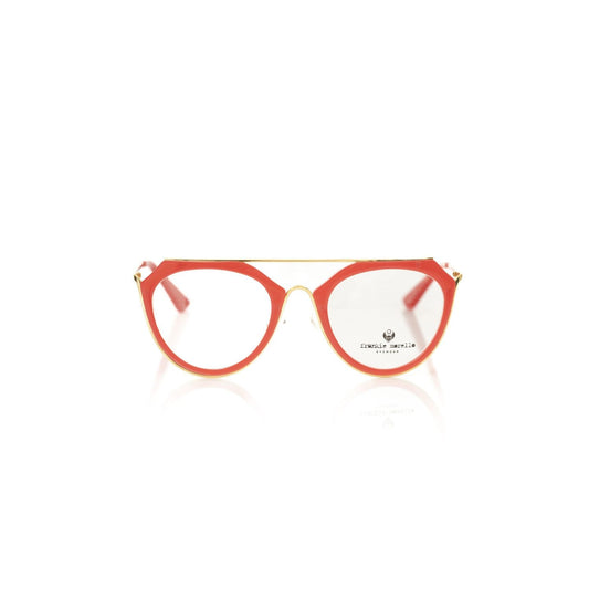 Frankie Morello Red Acetate Women Frame eyeglasses with coral profile and metallic accents, crafted for style and durability.
