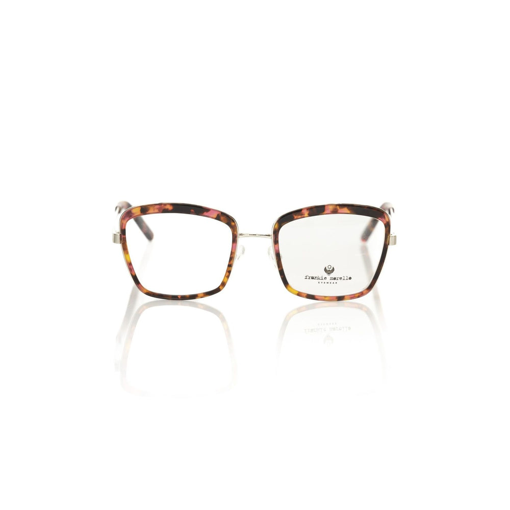 Frankie Morello Red Metallic Women's Eyeglass Frame with square red Havana pattern, crafted in Italy for bold style and fashion.