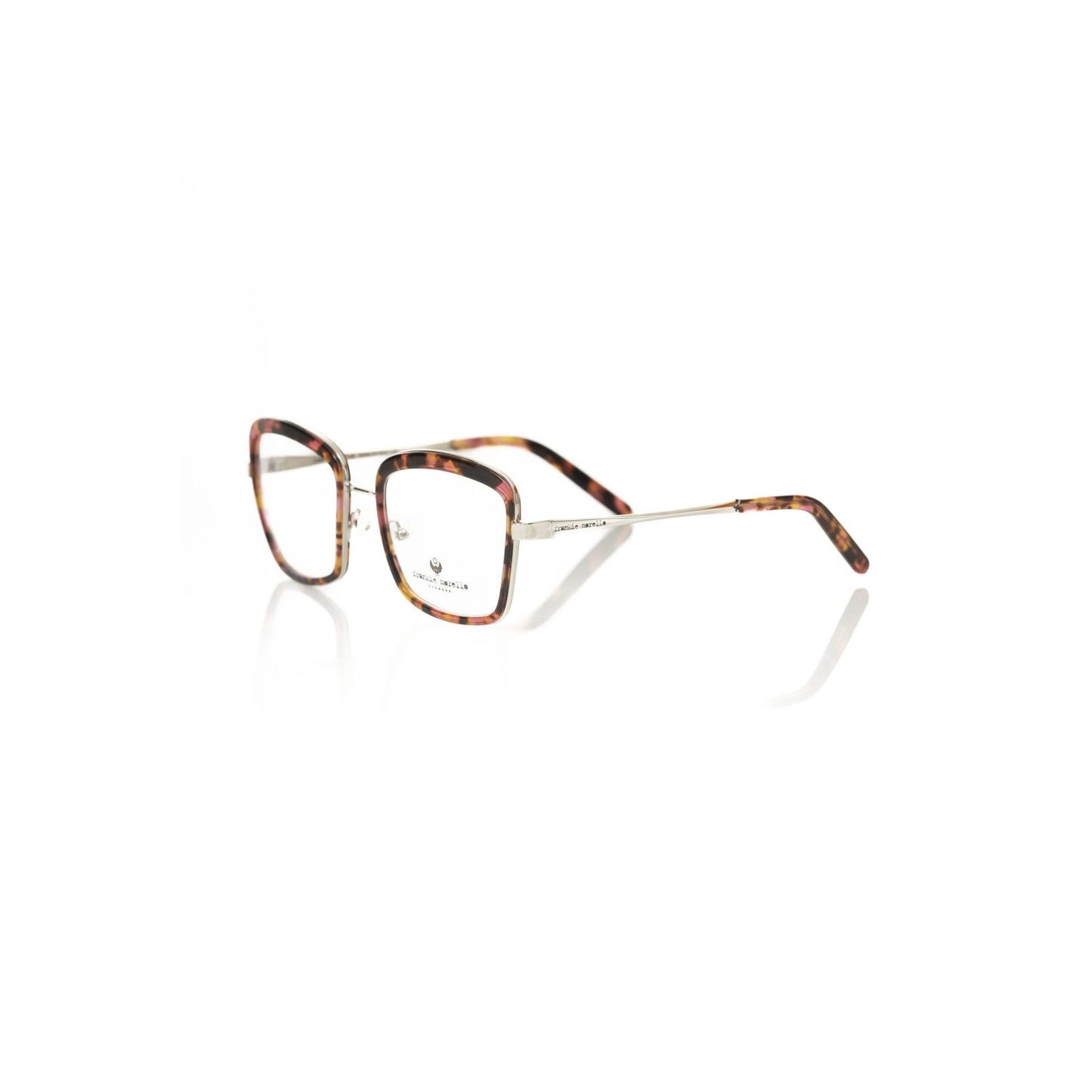 Frankie Morello Red Metallic Women's Eyeglass Frame in square shape with red Havana pattern, crafted in Italy, stylish and bold design.