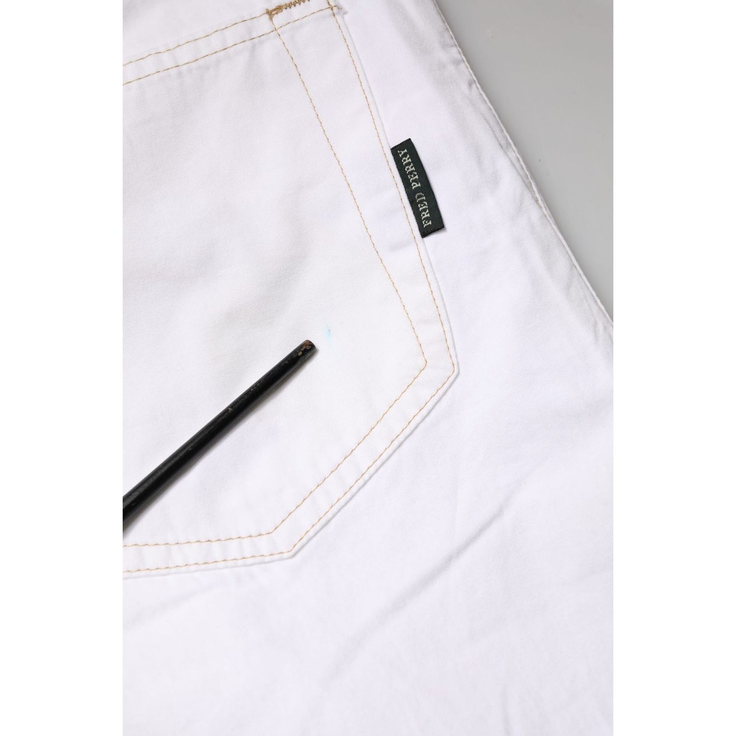 Close-up of Fred Perry White Cotton Mid Waist Straight Men Denim Jeans showcasing back pocket detail.