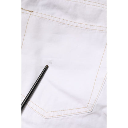 Close-up of Fred Perry White Cotton Mid Waist Straight Men Denim Jeans back pocket.