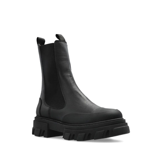 GANNI Boots Black - sleek black leather Chelsea boots with chunky rubber sole, elasticated side panels, and heel pull-tab for easy slip-on.