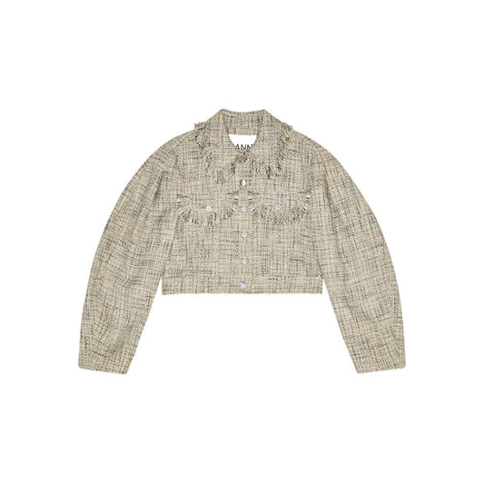 GANNI Jackets Beige - Tweed jacket with light beige color, front button fastening, chest pockets, frayed detailing, and flat collar.