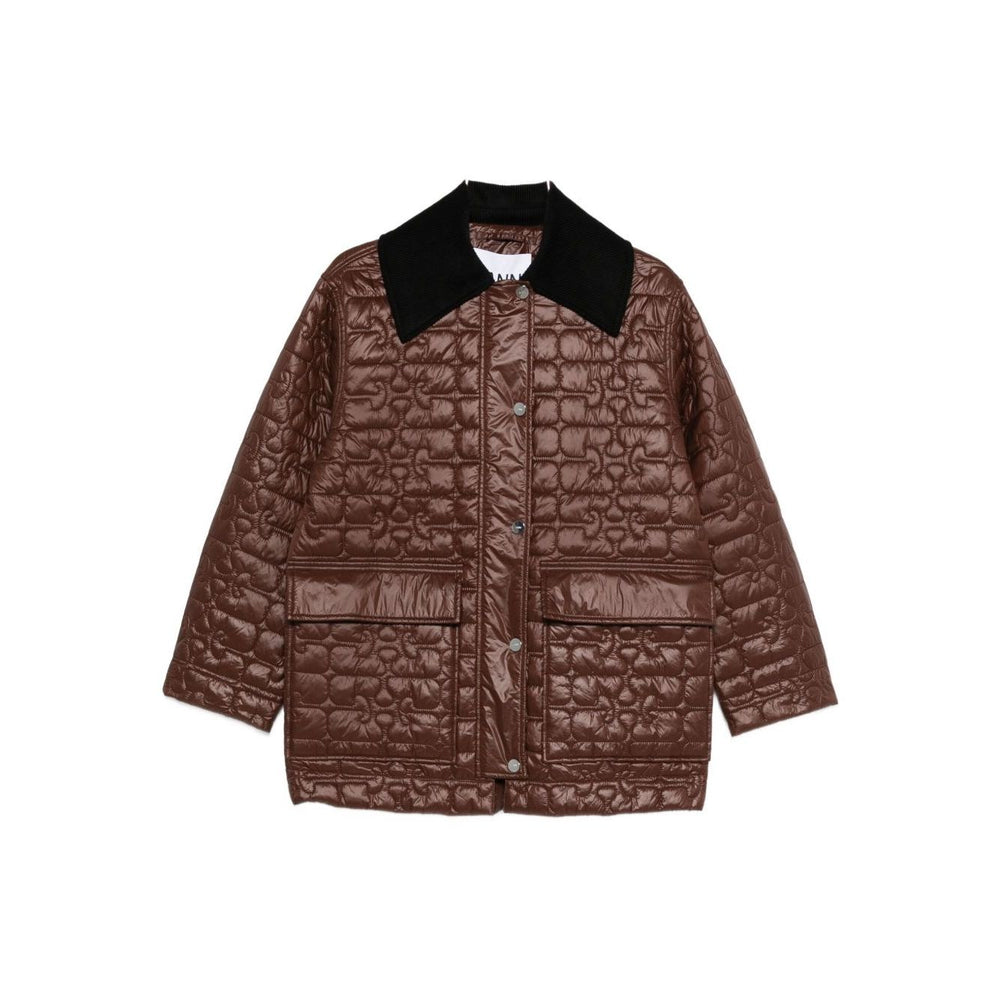 GANNI Jackets Brown quilted nylon jacket with contrasting collar, snap button fastening, and flap pockets featuring logo pattern.