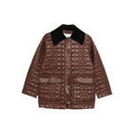 GANNI Jackets Brown quilted nylon jacket with contrasting collar, snap button fastening, and flap pockets featuring logo pattern.