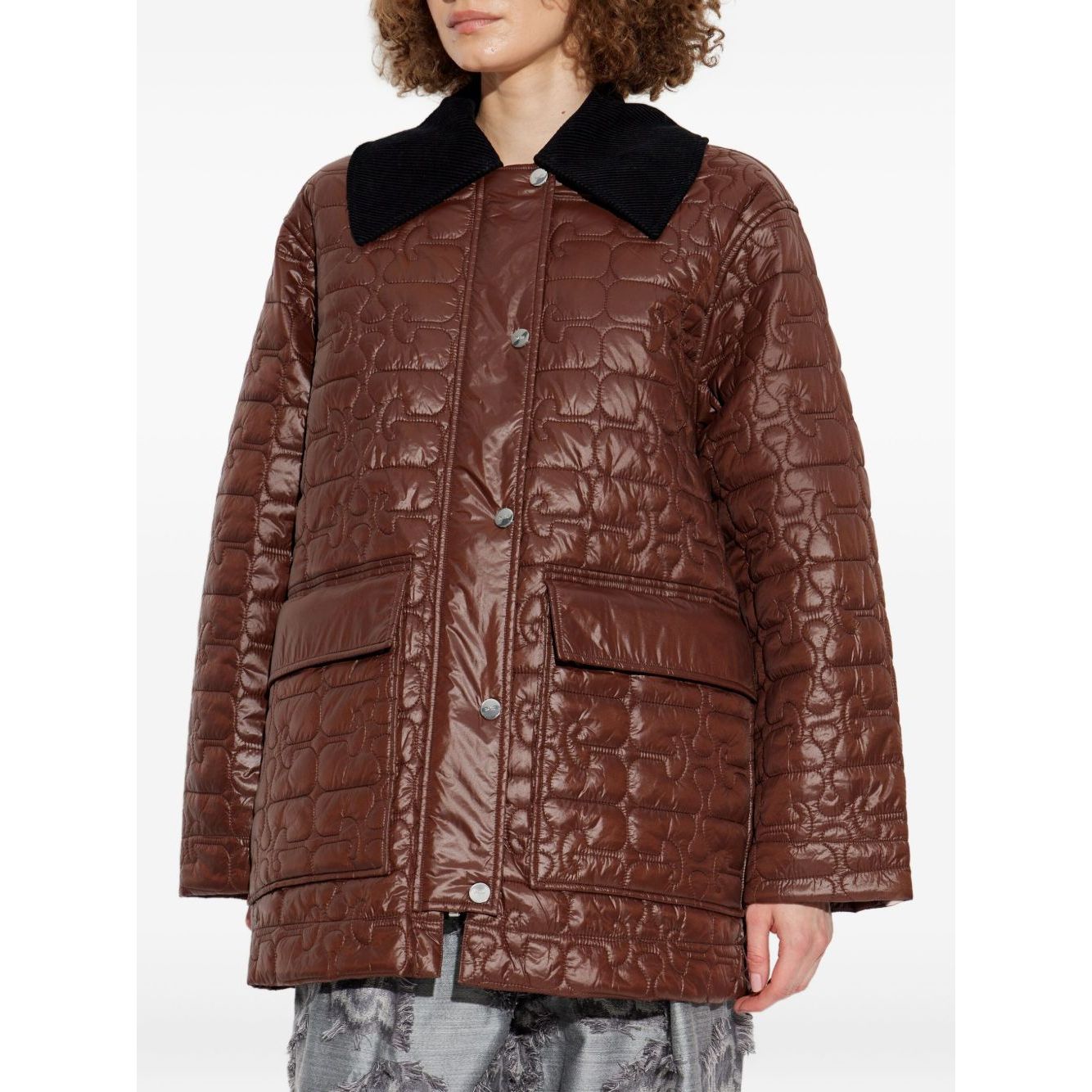GANNI Jackets Brown with quilted design, contrasting collar, snap button fastening, flap pockets, and logo pattern, made of nylon.