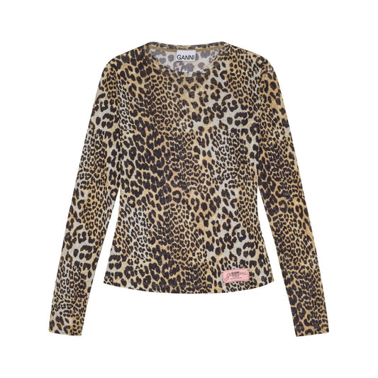 GANNI T-shirts and Polos Brown light brown leopard print long sleeve crew neck t-shirt with logo patch on side
