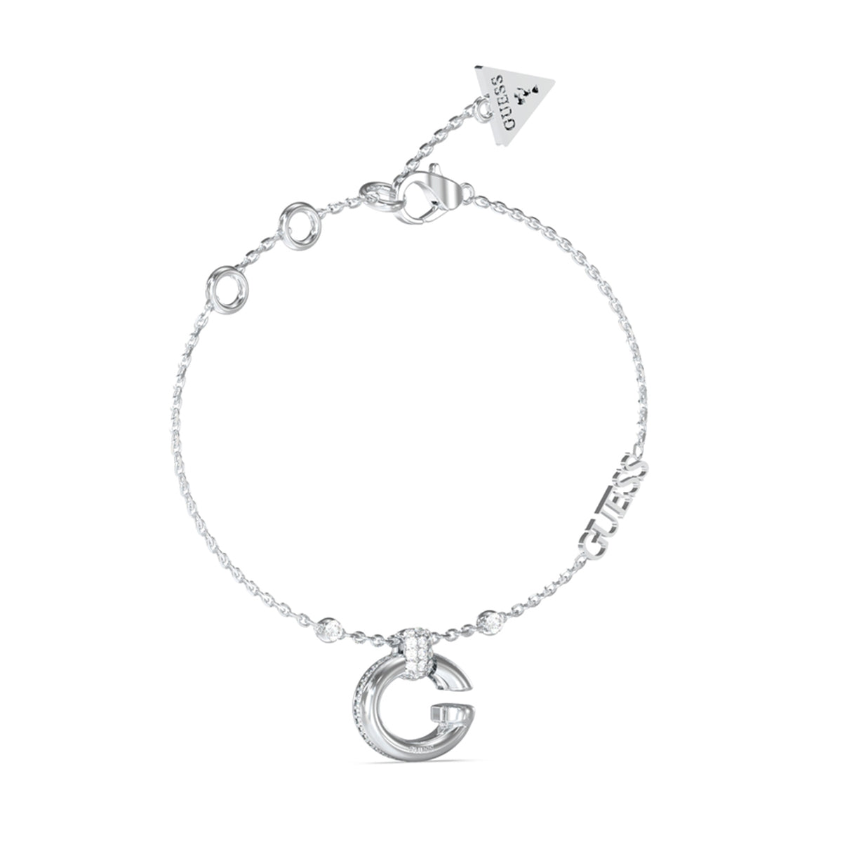 GUESS JEWELS JEWELRY Mod. JUBB04519JWRHS silver bracelet with iconic G charm and adjustable chain, showcasing elegant design.