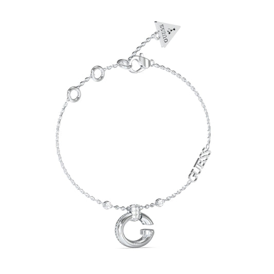 GUESS JEWELS JEWELRY Mod. JUBB04519JWRHS silver bracelet with iconic G charm and adjustable chain, showcasing elegant design.