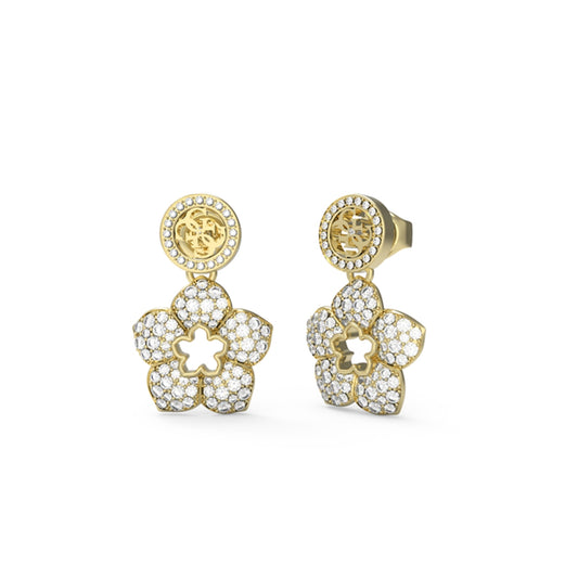 Gold floral earrings from GUESS JEWELS JEWELRY Mod. JUBE04471JWYGT-U with diamond accents.