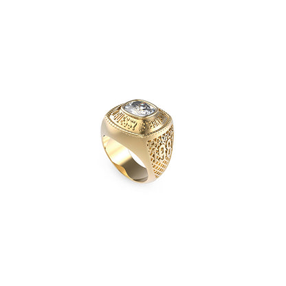 Gold ring with intricate design and gemstone, representing GUESS JEWELS JEWELRY Mod. JUMR01375JWYG64 for fashion enthusiasts.